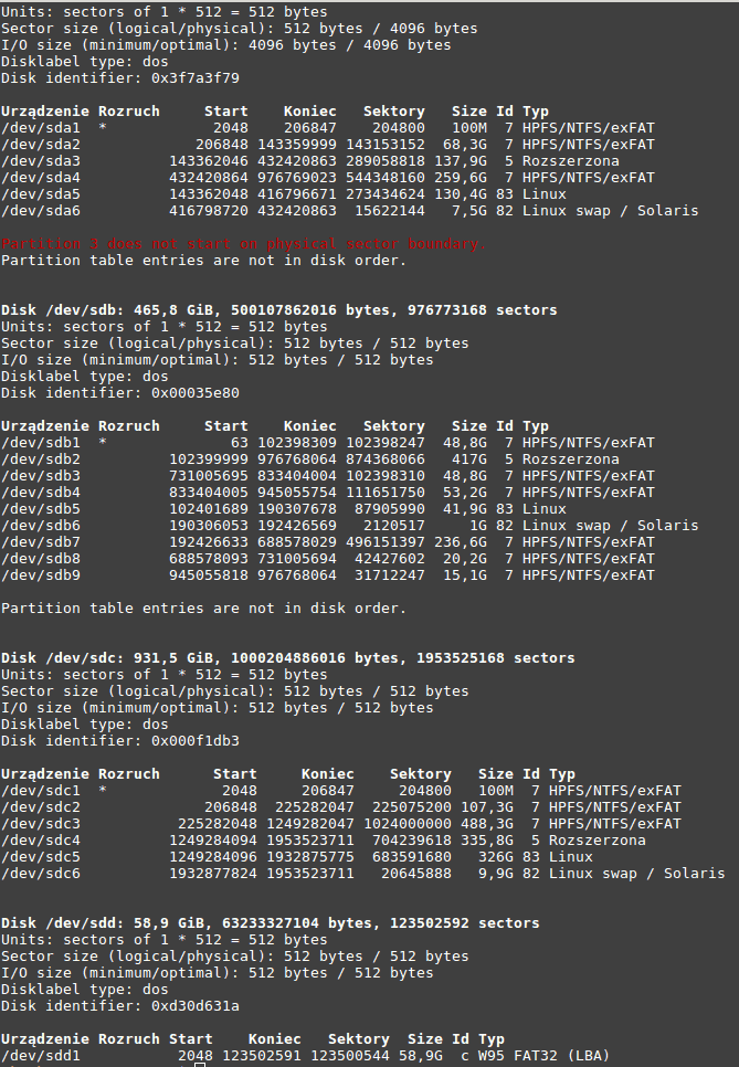 wynik polecenia fdisk -l
